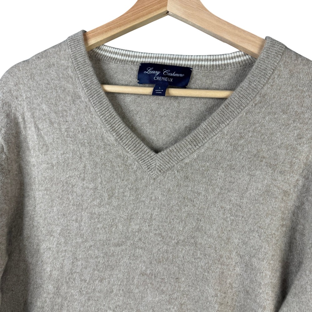 Cremieux Luxury Cashmere V-Neck Sweater Tan Beige Mens Size L 100% Cashmere